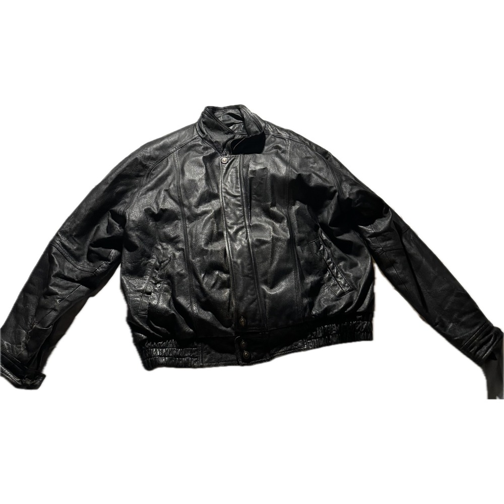 Vintage B.M.M. Los Angeles Black Leather Bomber Jacket Faux Fur Lined Mens Large